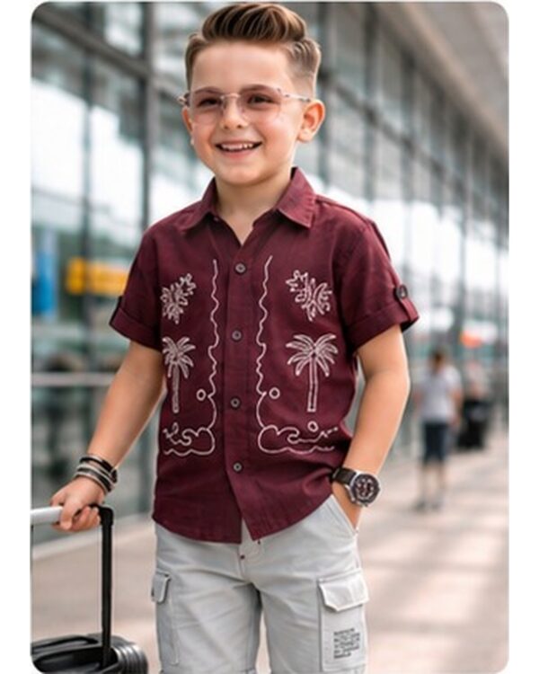 Boys Tropical Palm Embroidered Cotton Shirt & Cargo Shorts Set