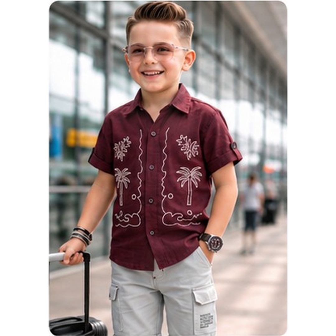 Boys Tropical Palm Embroidered Cotton Shirt & Cargo Shorts Set