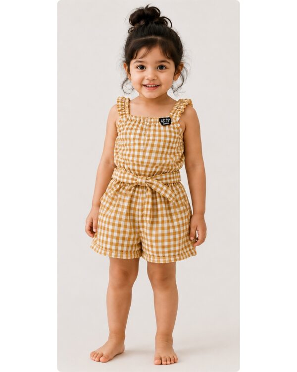 Girls Mustard Gingham Cotton Romper Set with Waist Belt