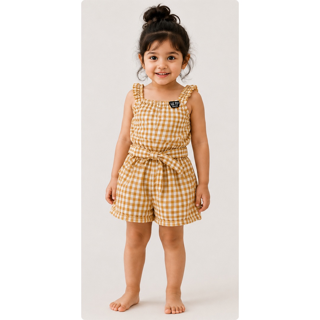 Girls Mustard Gingham Cotton Romper Set with Waist Belt