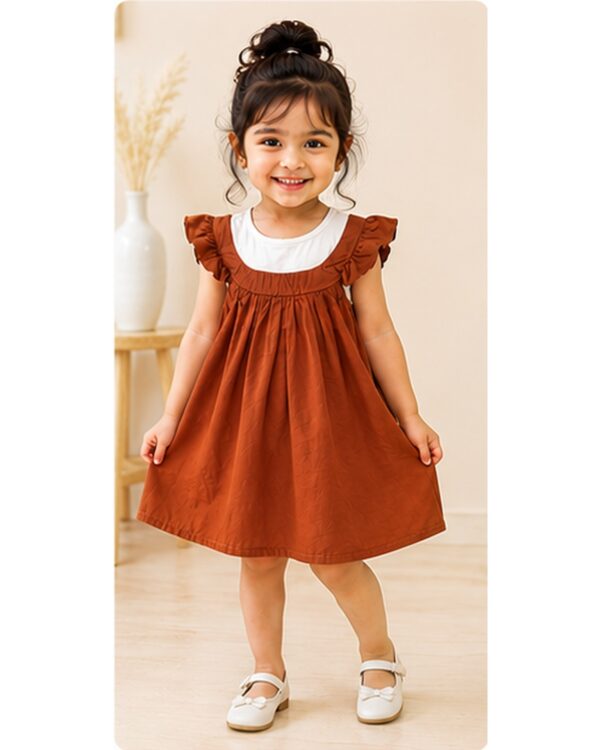Girls Rust Brown Cotton Ruffle Sleeve Frock