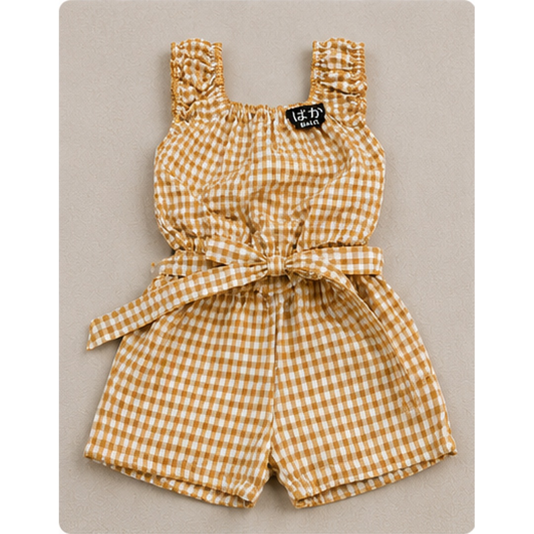 Girls Mustard Gingham Cotton Romper Set with Waist Belt - Image 4