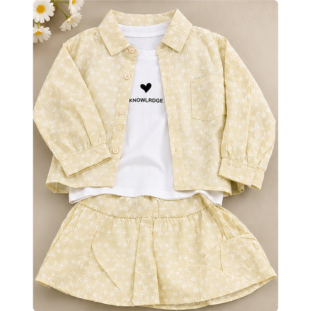 Girls 3-Piece Floral Embroidered Shirt, Tee & Skirt Set - Image 5