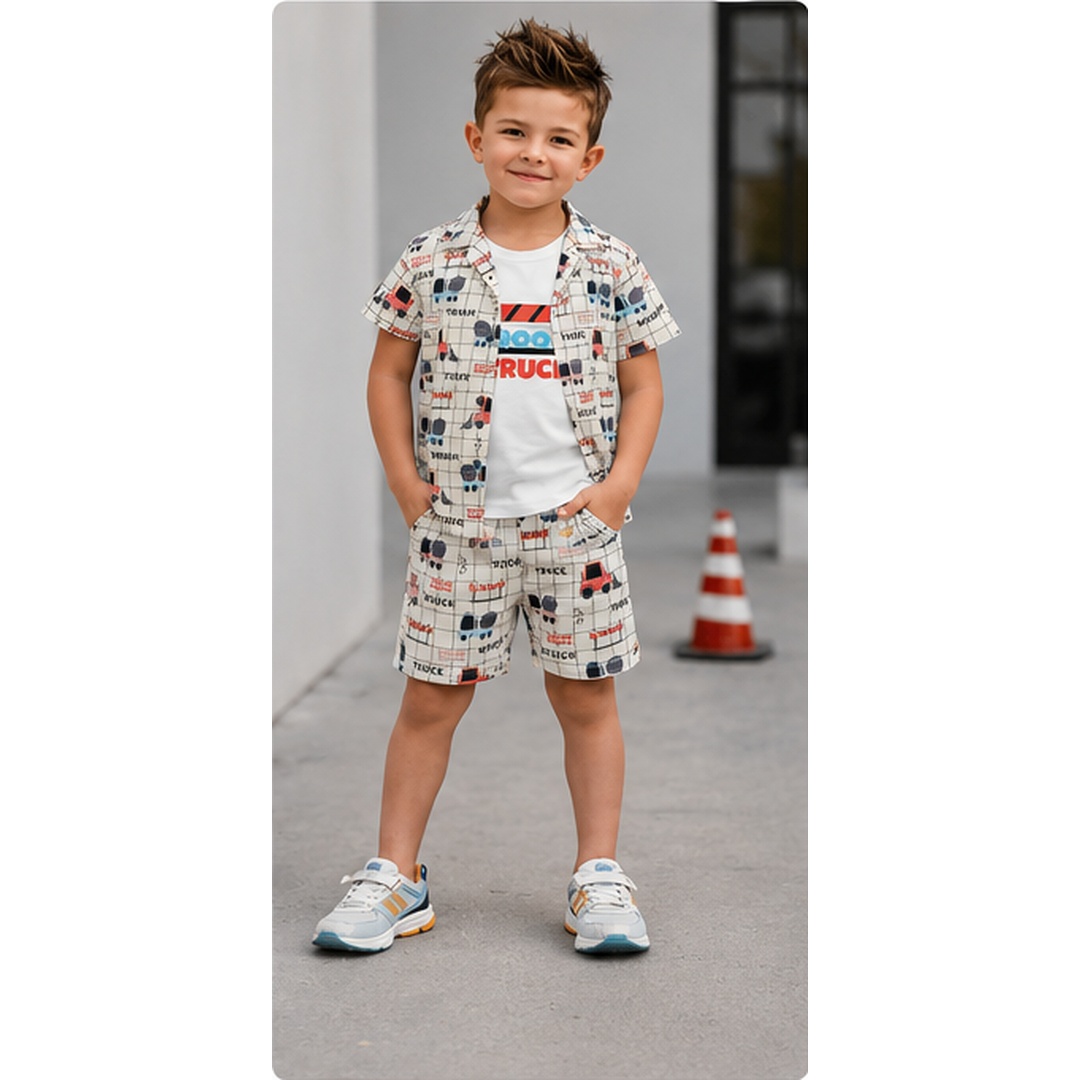 Boys Truck Print Premium 3-Piece Cotton Co-ord Set - Image 4