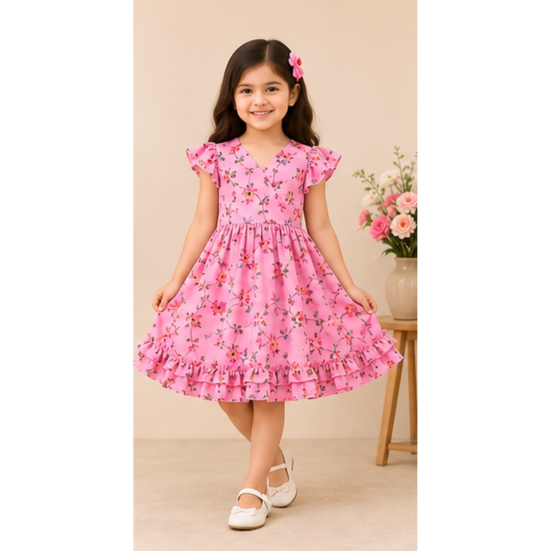 Girls Pink Floral Georgette Party Frock - Image 8