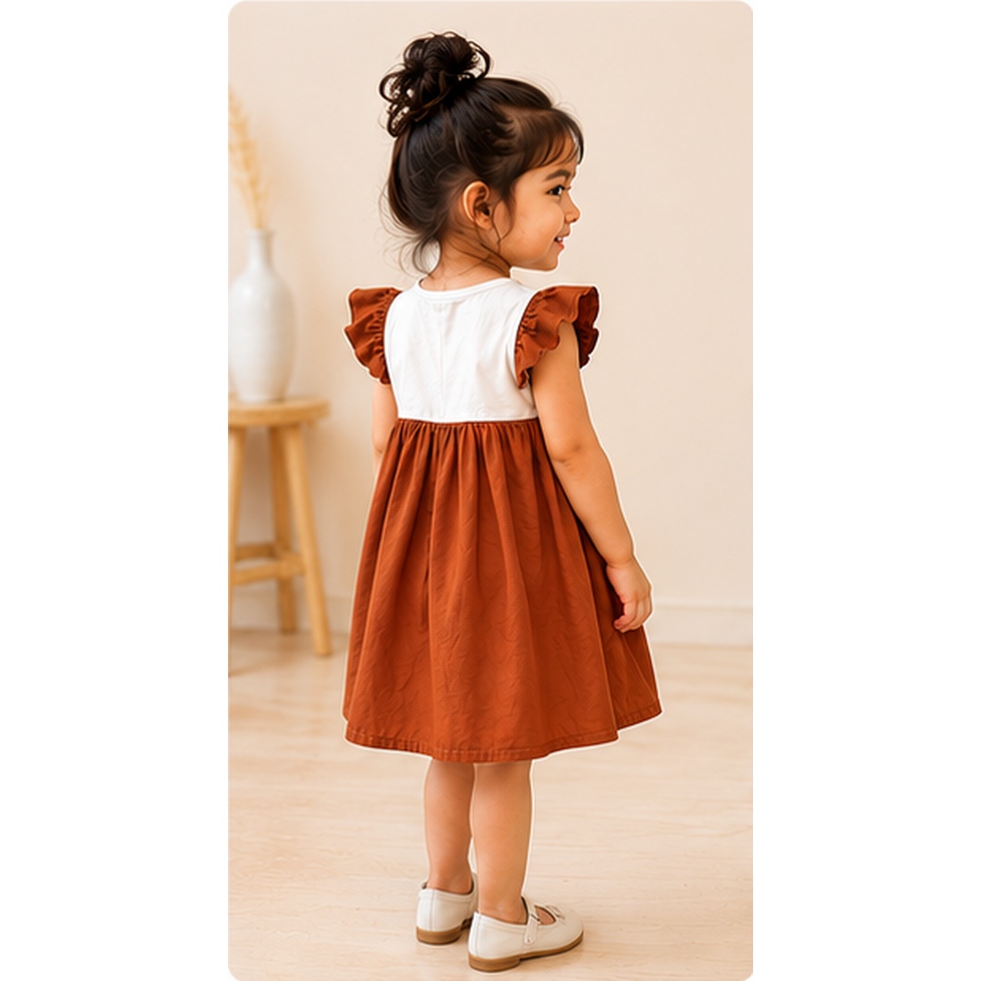 Girls Rust Brown Cotton Ruffle Sleeve Frock - Image 4