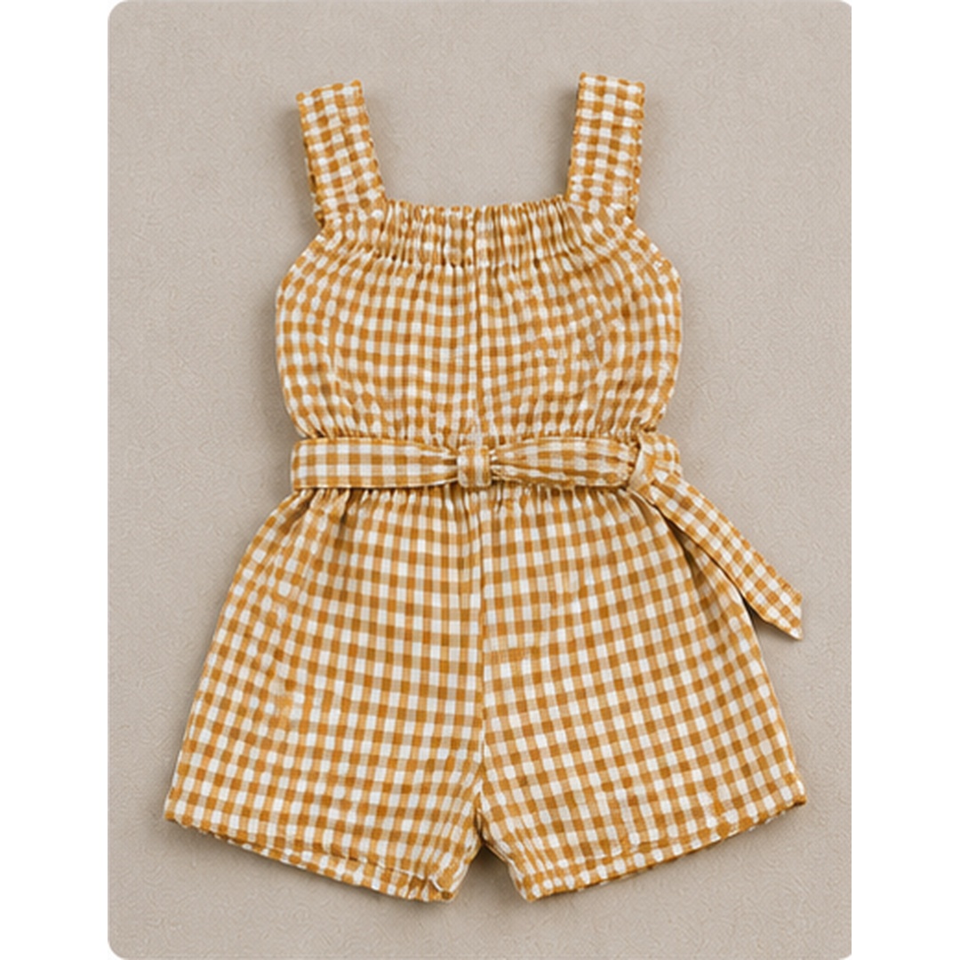 Girls Mustard Gingham Cotton Romper Set with Waist Belt - Image 5