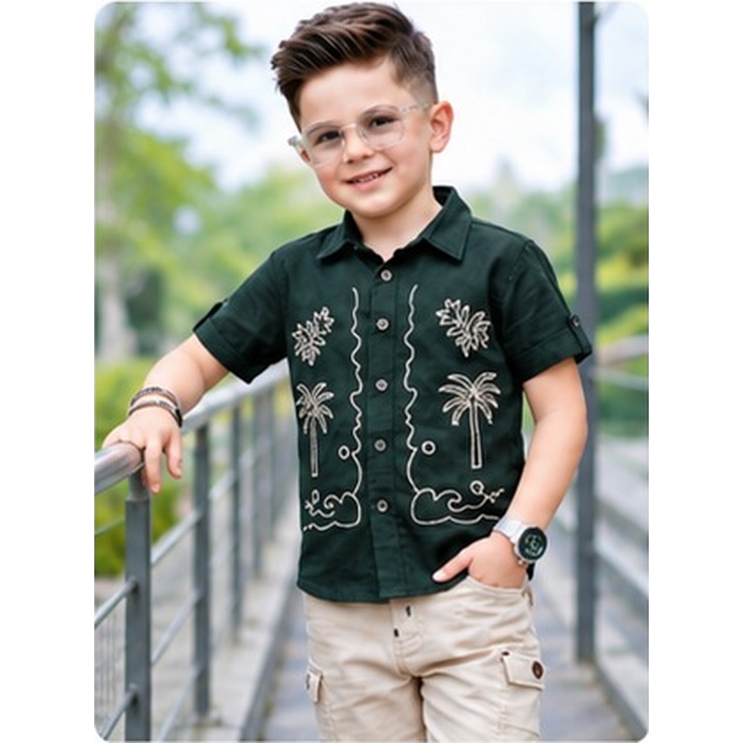 Boys Tropical Palm Embroidered Cotton Shirt & Cargo Shorts Set - Image 5