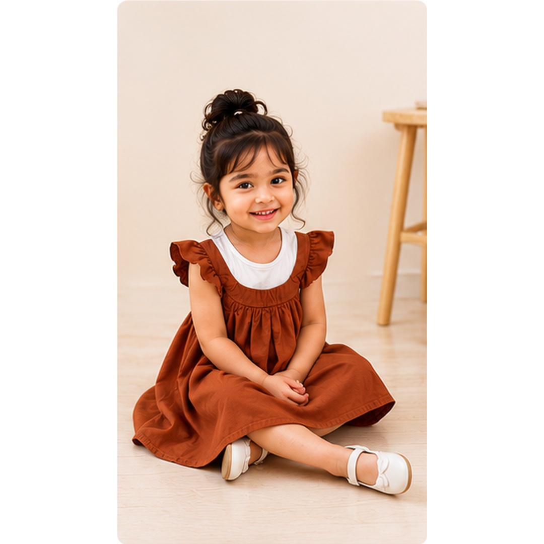 Girls Rust Brown Cotton Ruffle Sleeve Frock - Image 5
