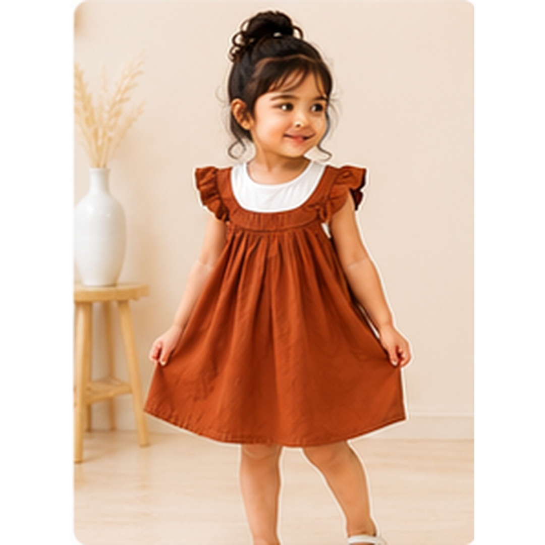 Girls Rust Brown Cotton Ruffle Sleeve Frock - Image 6