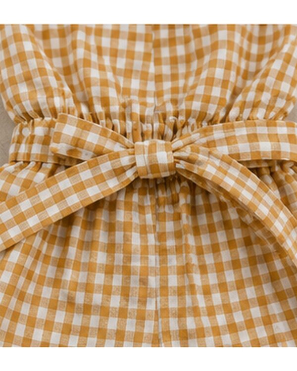 Girls Mustard Gingham Cotton Romper Set with Waist Belt