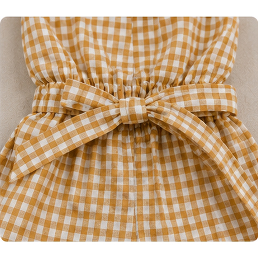 Girls Mustard Gingham Cotton Romper Set with Waist Belt - Image 2