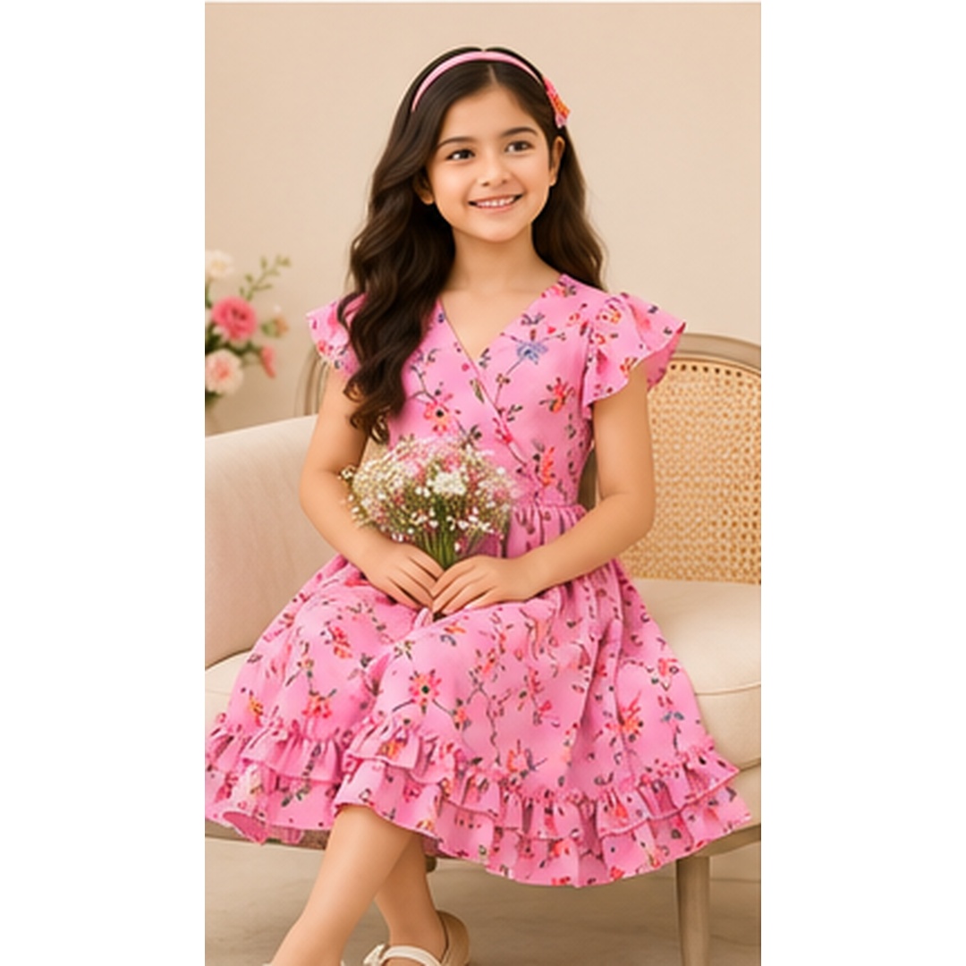 Girls Pink Floral Georgette Party Frock - Image 2