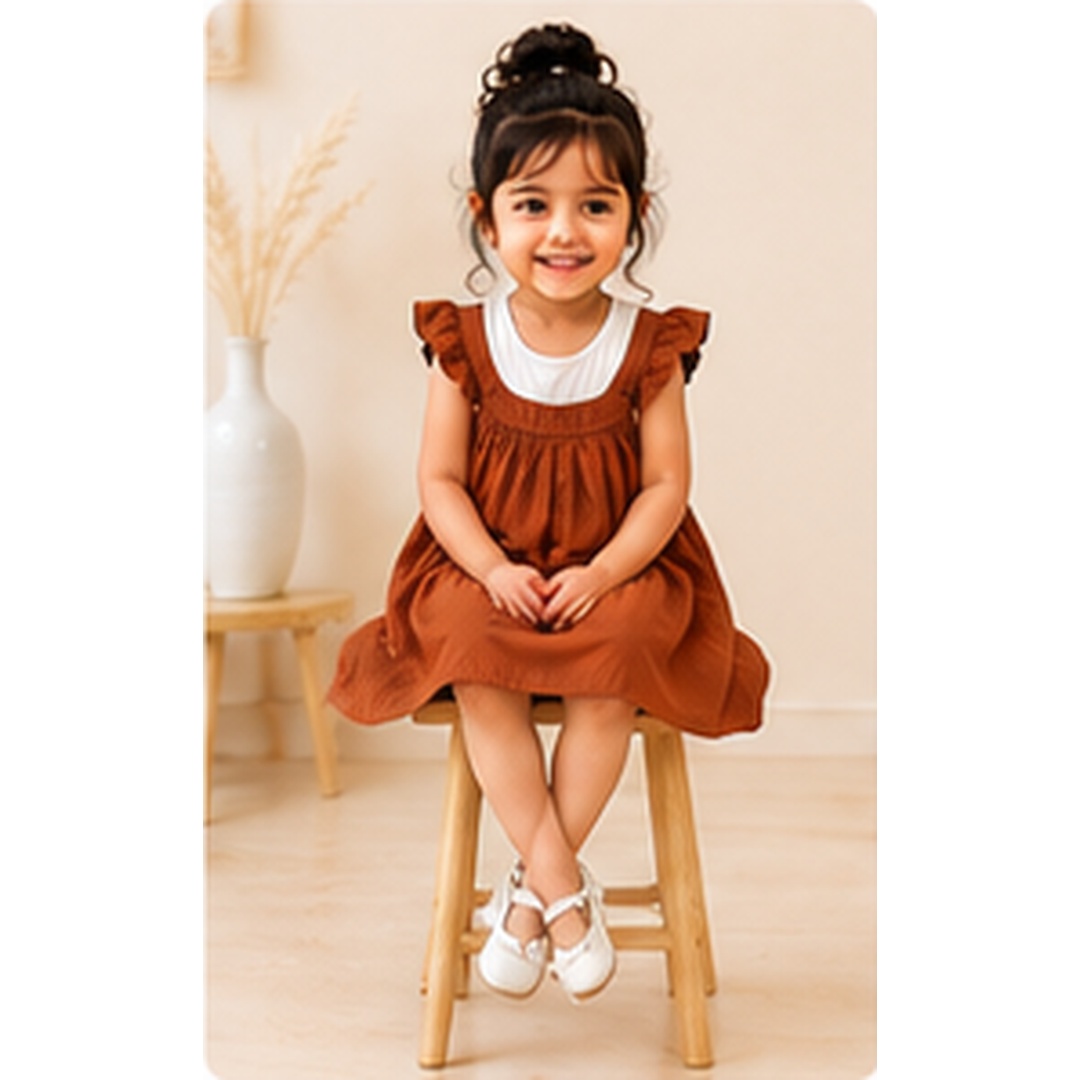 Girls Rust Brown Cotton Ruffle Sleeve Frock - Image 7