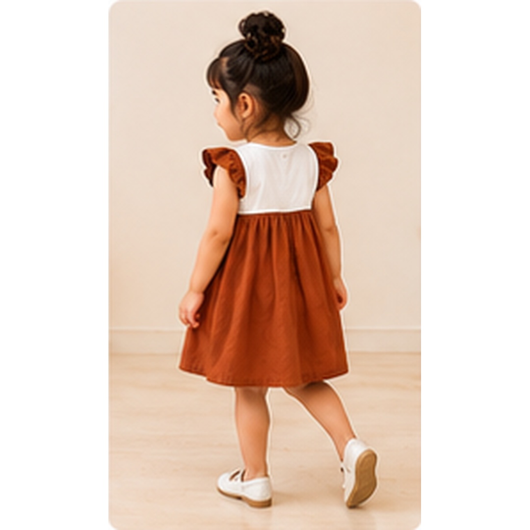 Girls Rust Brown Cotton Ruffle Sleeve Frock - Image 8