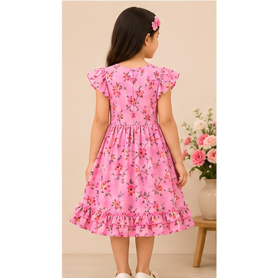 Girls Pink Floral Georgette Party Frock - Image 3