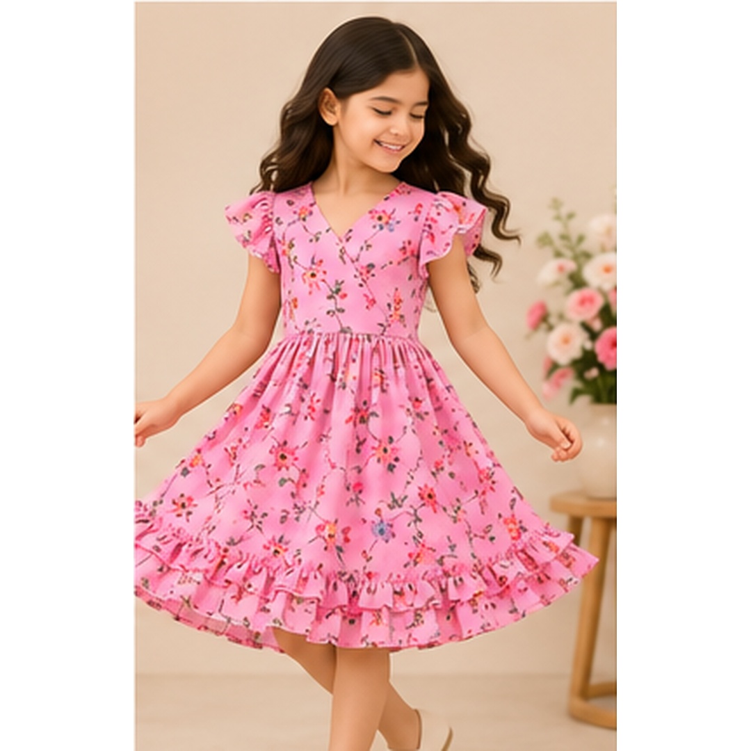 Girls Pink Floral Georgette Party Frock - Image 4
