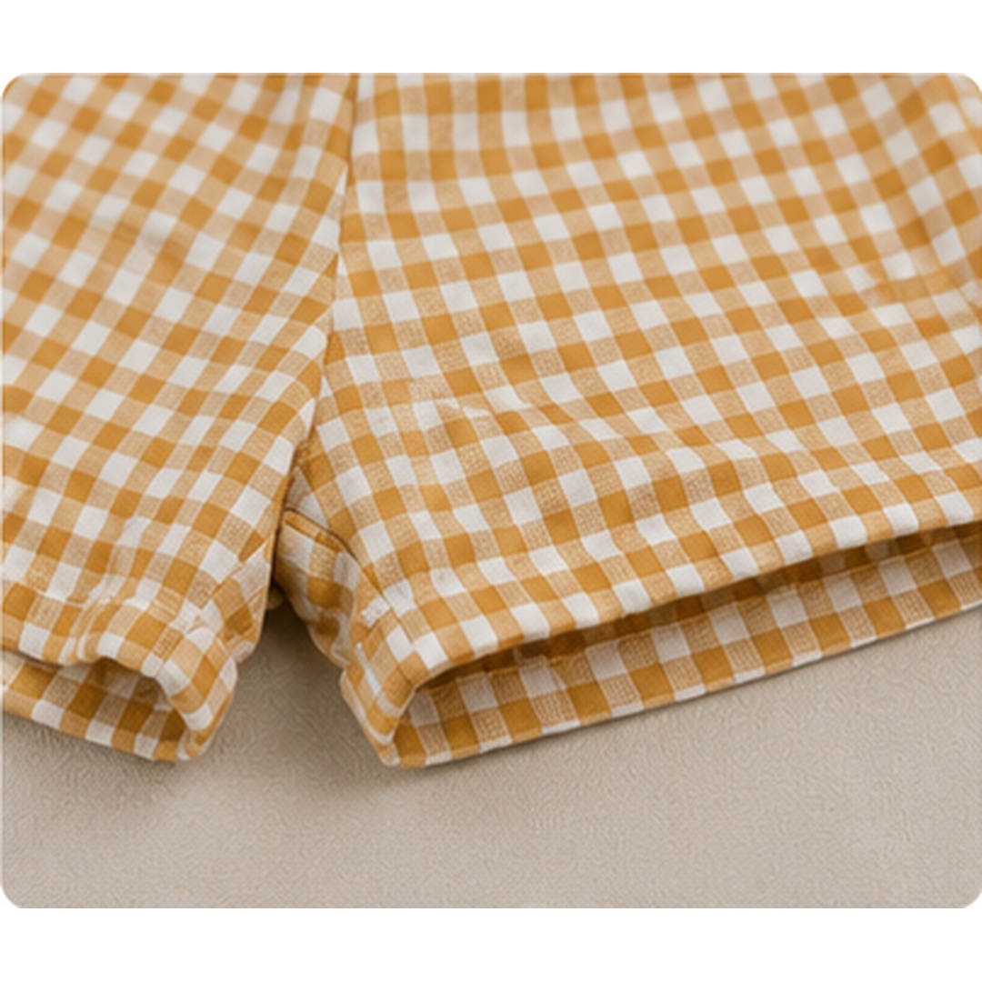 Girls Mustard Gingham Cotton Romper Set with Waist Belt - Image 3