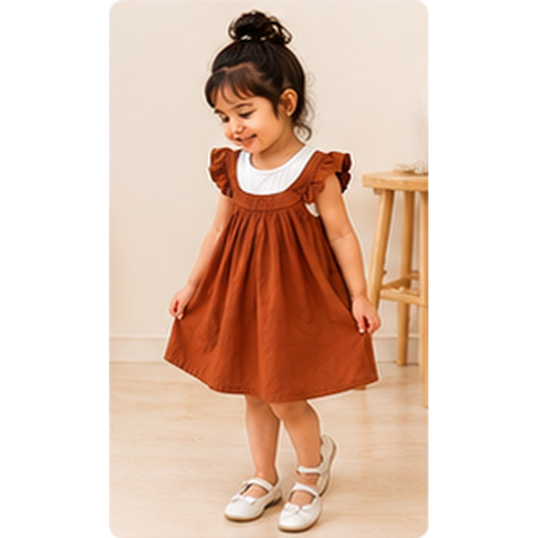 Girls Rust Brown Cotton Ruffle Sleeve Frock - Image 9