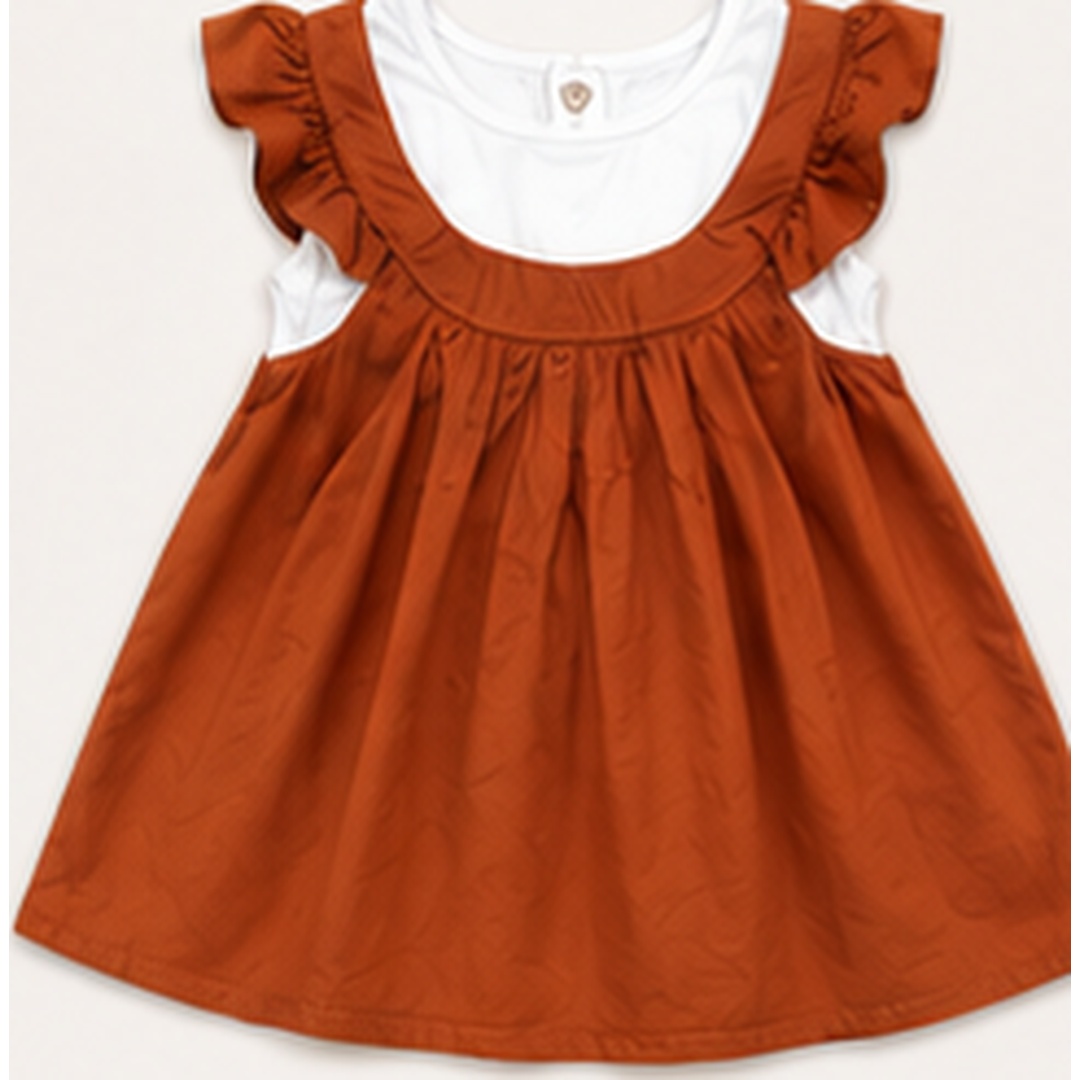 Girls Rust Brown Cotton Ruffle Sleeve Frock - Image 10