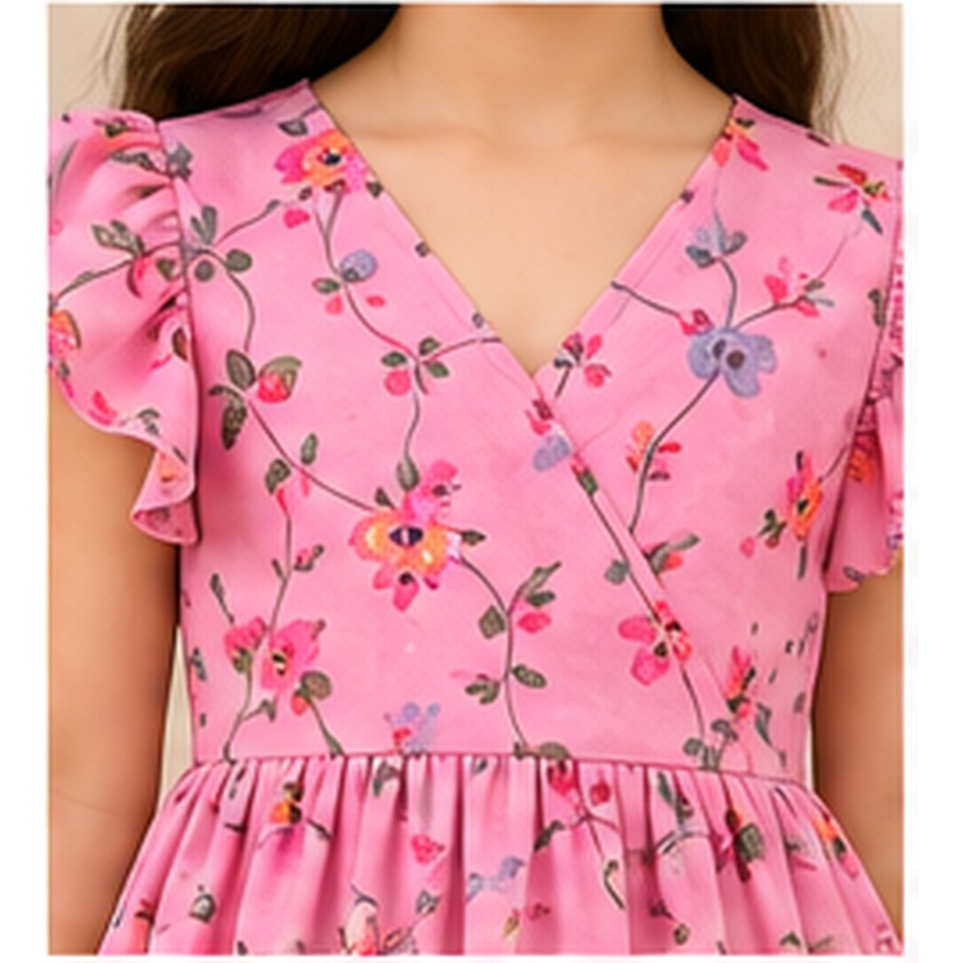 Girls Pink Floral Georgette Party Frock - Image 5