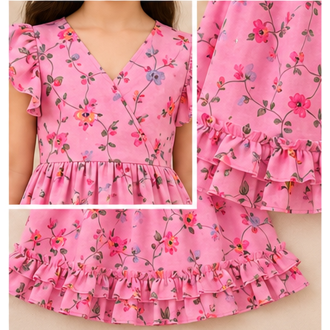 Girls Pink Floral Georgette Party Frock - Image 6