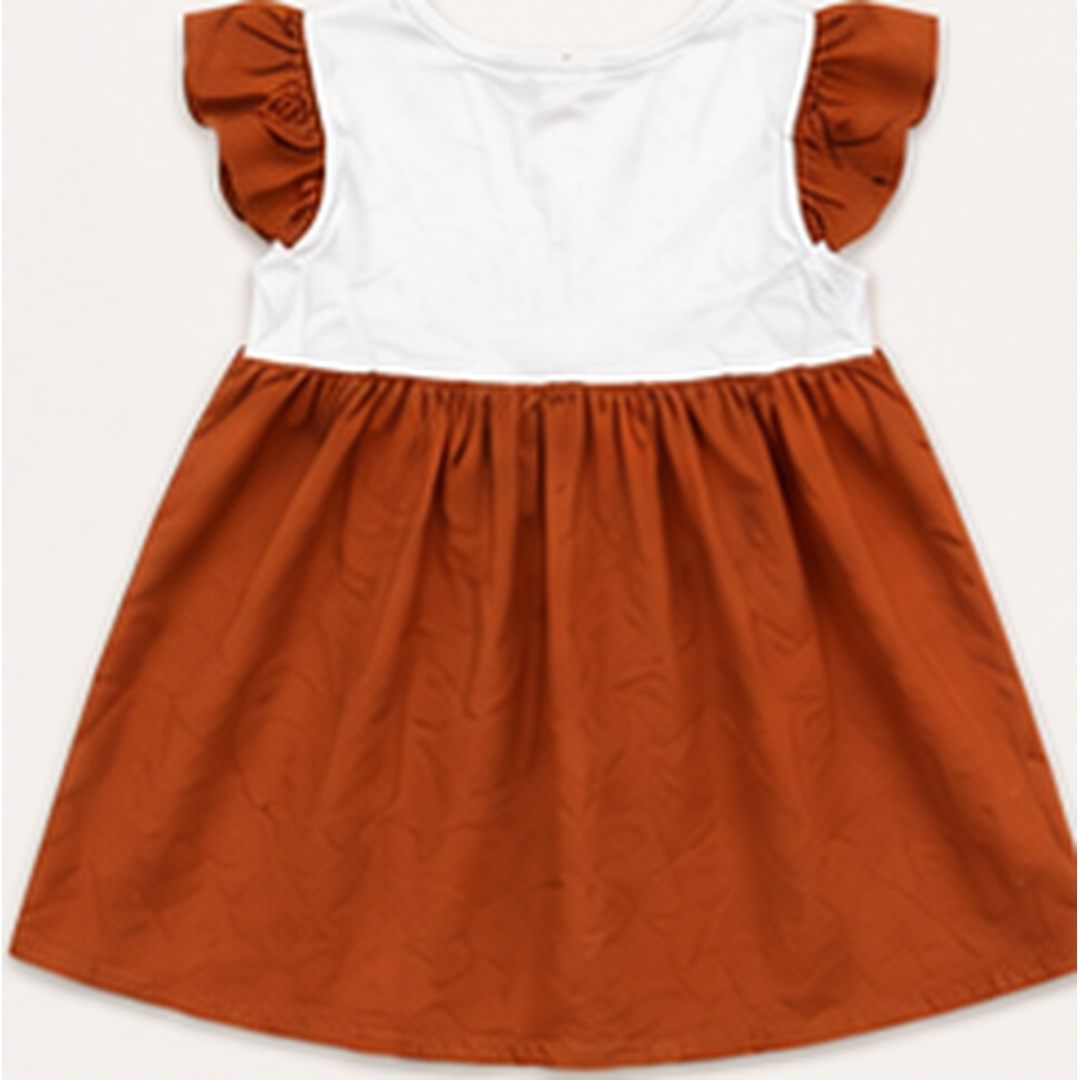 Girls Rust Brown Cotton Ruffle Sleeve Frock - Image 11