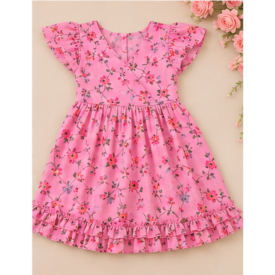 Girls Pink Floral Georgette Party Frock - Image 7
