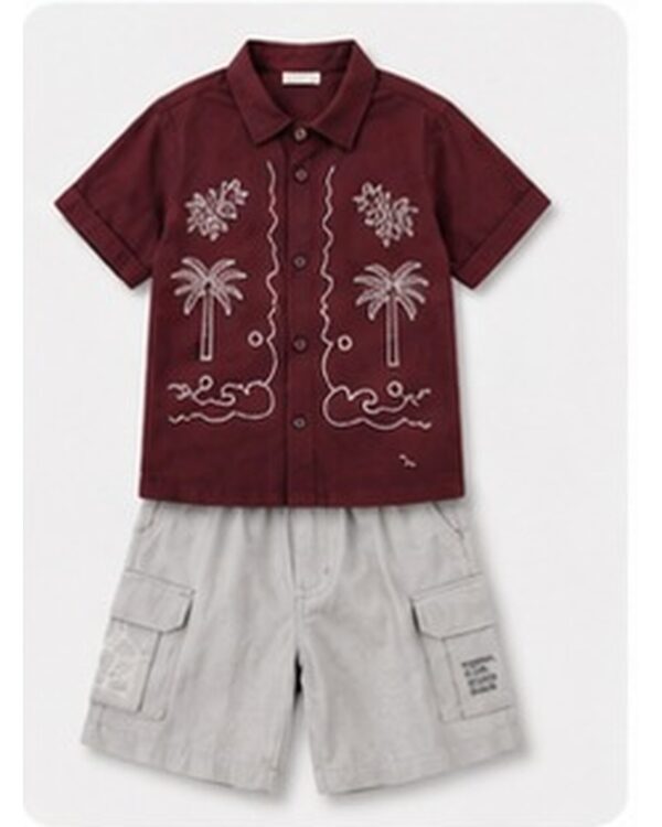 Boys Tropical Palm Embroidered Cotton Shirt & Cargo Shorts Set