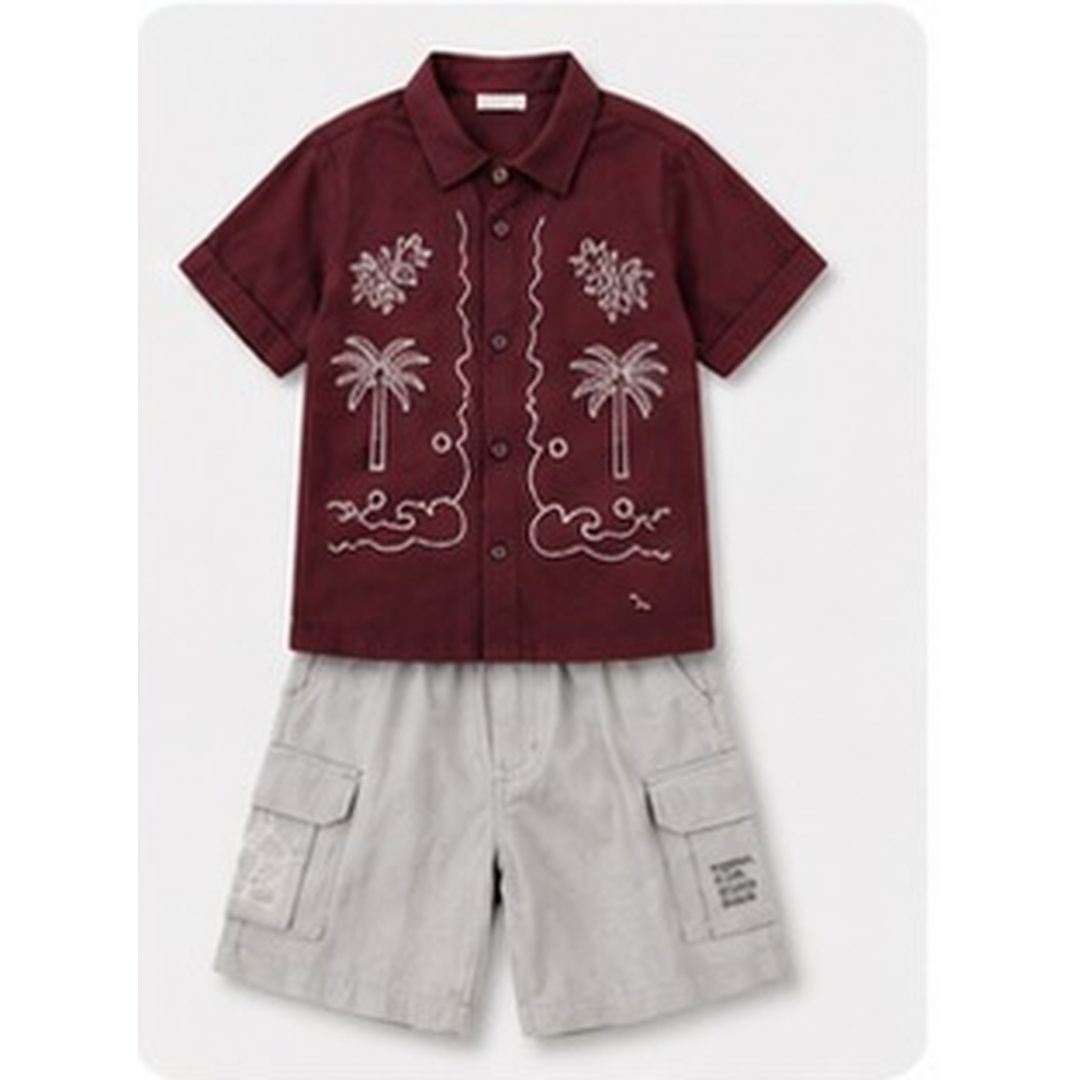 Boys Tropical Palm Embroidered Cotton Shirt & Cargo Shorts Set - Image 2