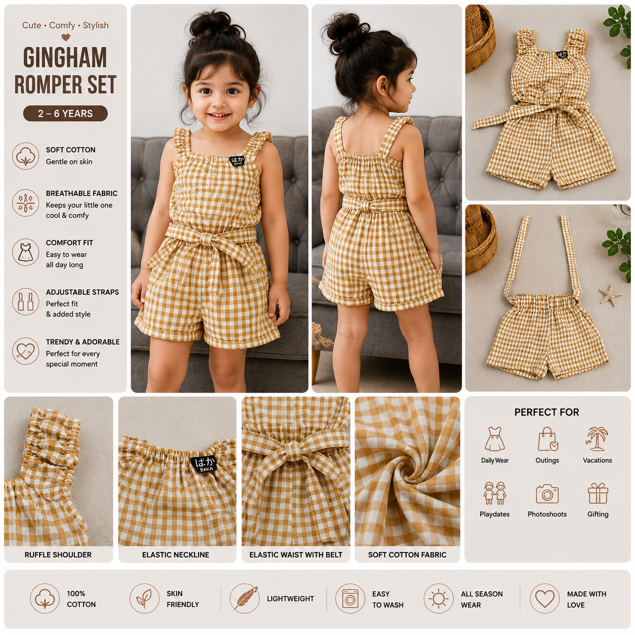 Girls Mustard Gingham Cotton Romper Set with Waist Belt - Image 8