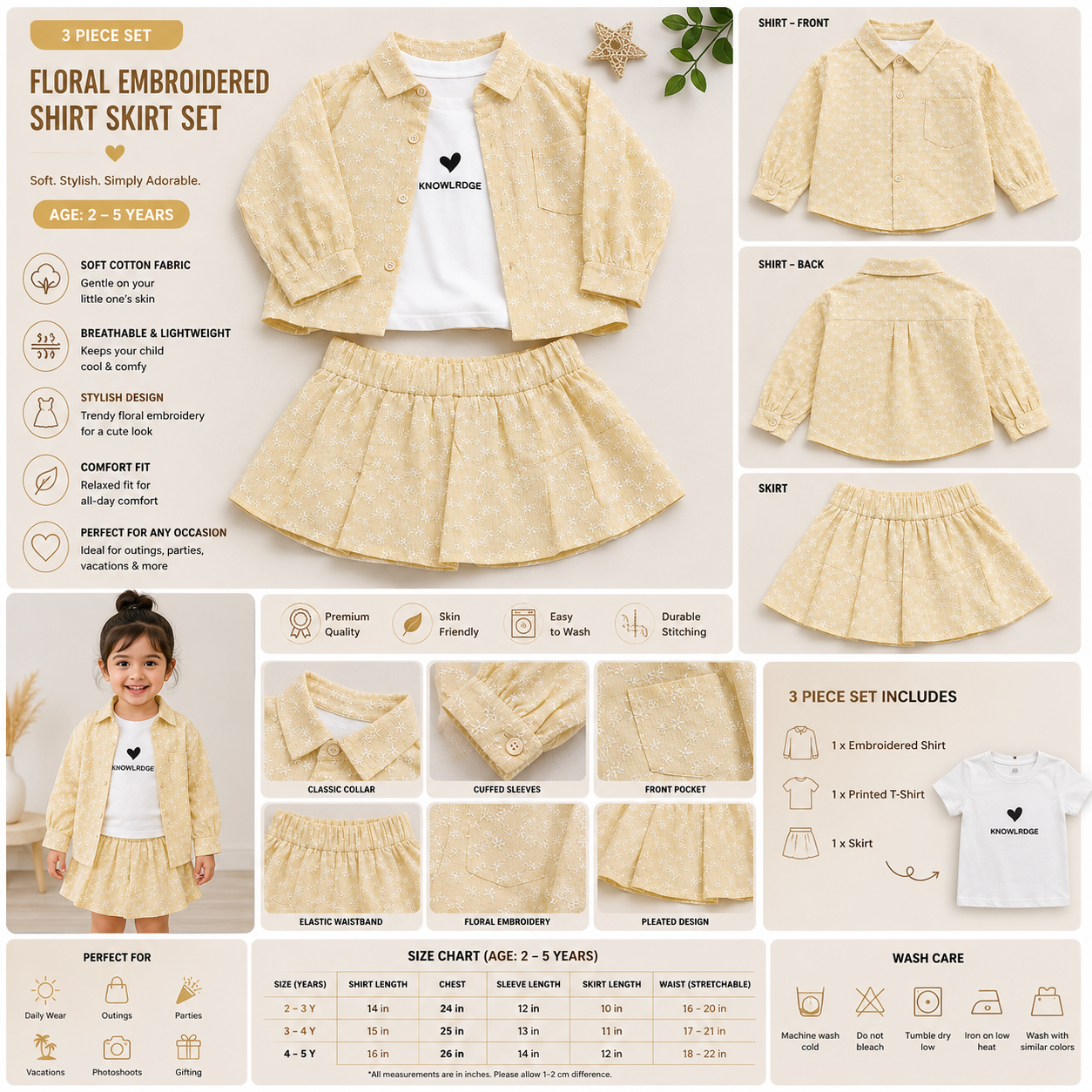 Girls 3-Piece Floral Embroidered Shirt, Tee & Skirt Set - Image 8