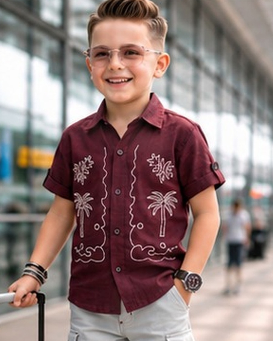 Boys Tropical Palm Embroidered Cotton Shirt & Cargo Shorts Set