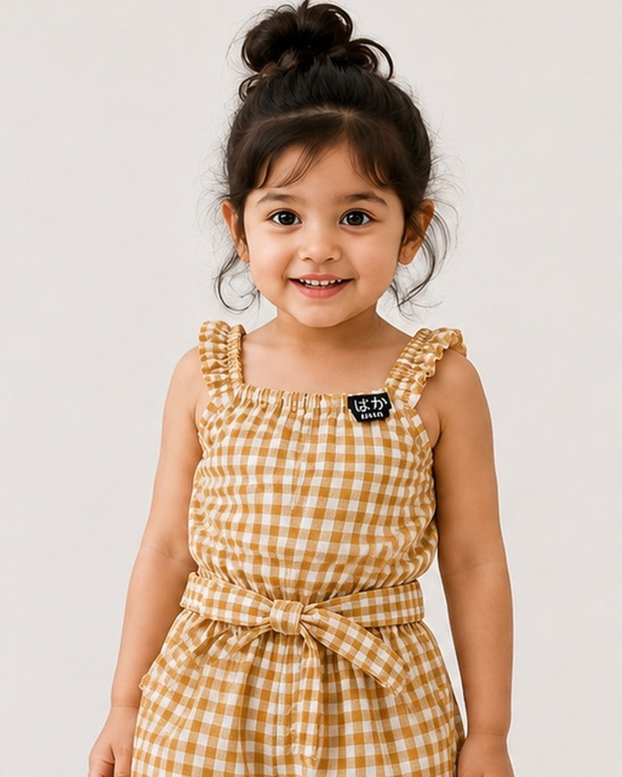 Girls Mustard Gingham Cotton Romper Set with Waist Belt